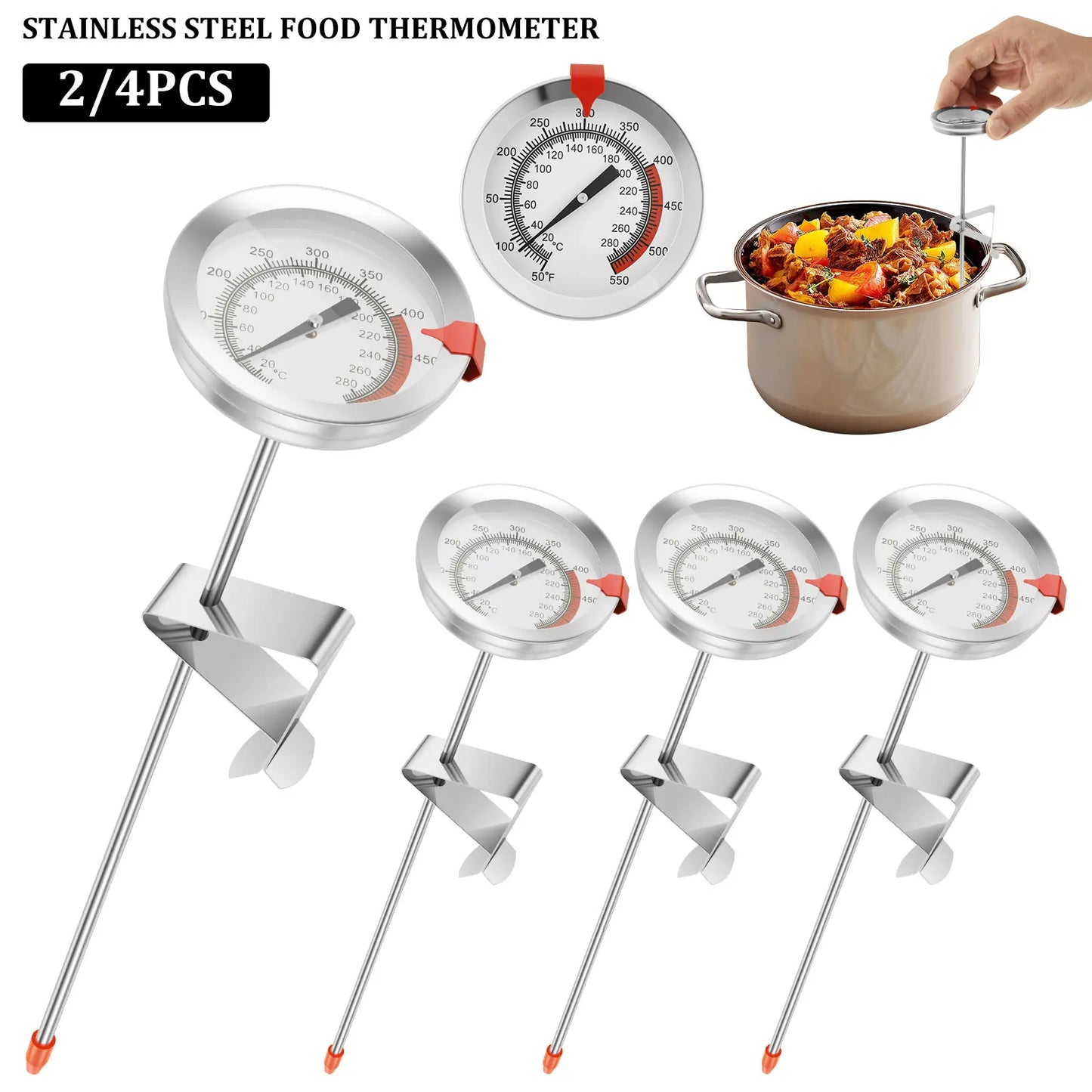 Tejesa 4/2Pcs Kitchen Thermometer with Pot Clip 12 In Stainless Steel Long Stem Deep Fry Thermometer Candy BBQ Turkey Meat Thermometer