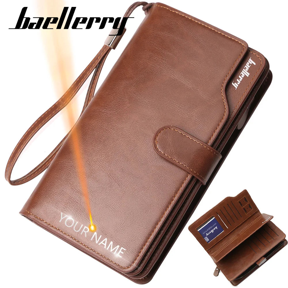 Hemasa  Men Wallets 21 Card Holders Name Engraving Male Purse Quality Zipper Large Capacity PU Leather Wallet For Men