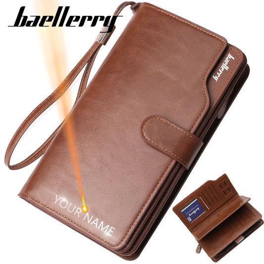 Hemasa  Men Wallets 21 Card Holders Name Engraving Male Purse Quality Zipper Large Capacity PU Leather Wallet For Men