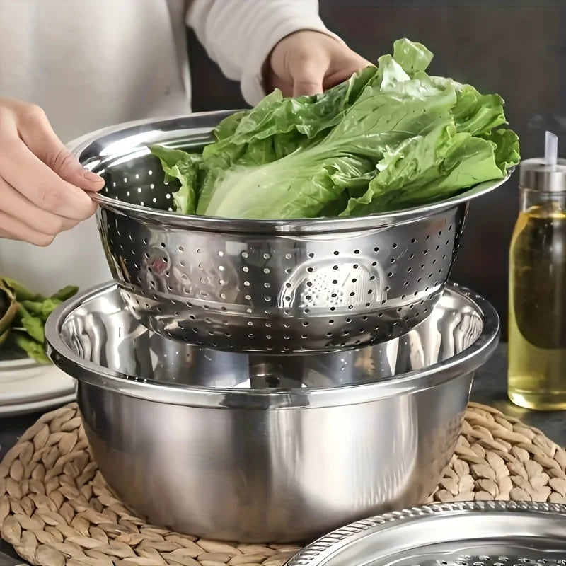 Tejesa 3 in 1  Kitchen Kit with Stainless Steel Multifunctional Mixing Bowl Vegetable Slicer - Suitable for Cleaning and Slicing Fruits
