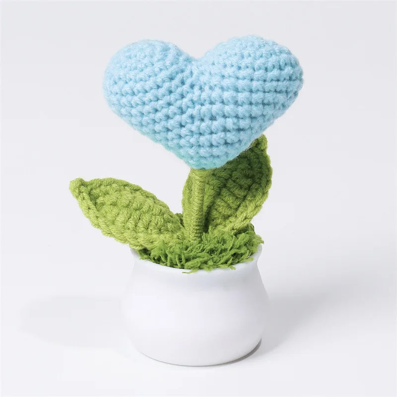 Hemasa Heart Shape Knitted Flowers Potted Colourful Crochet Plant Wedding Gift Creative Artificial Flower Car Desktable Decor