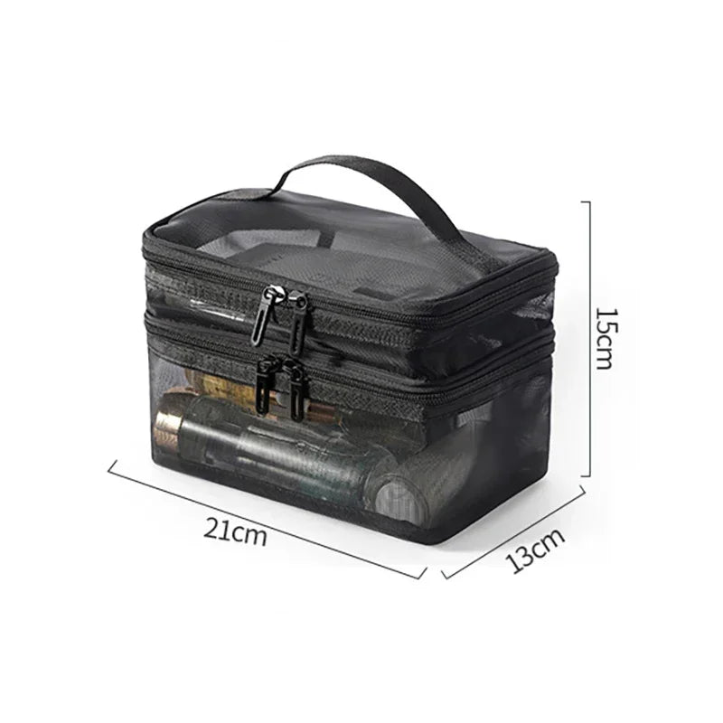 Hemasa Double Layer Mesh Cosmetic Bag  for Women/ Portable Make Up Case Big Capacity Travel Zipper Makeup Organizer Toiletry Storage Box