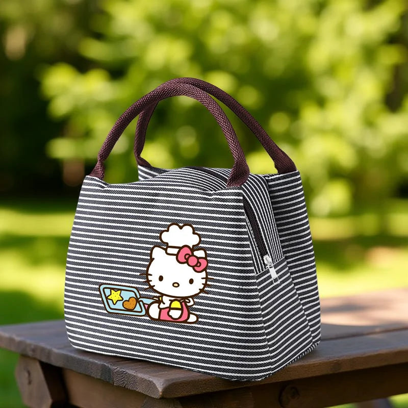 Hello Kitty Insulated Striped Lunch Bag Kuromi Portable Tote for Meals, Picnic Carrier, Suitable for School, Work, Beach Outings