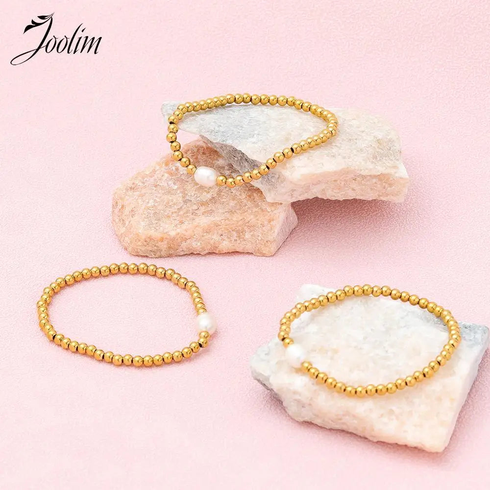 Joolim Jewelry Wholesale High End PVD No Fade Dainty Beads Pave Chain Stretchy Pearl Pendant Stainless Steel Bracelet for Women