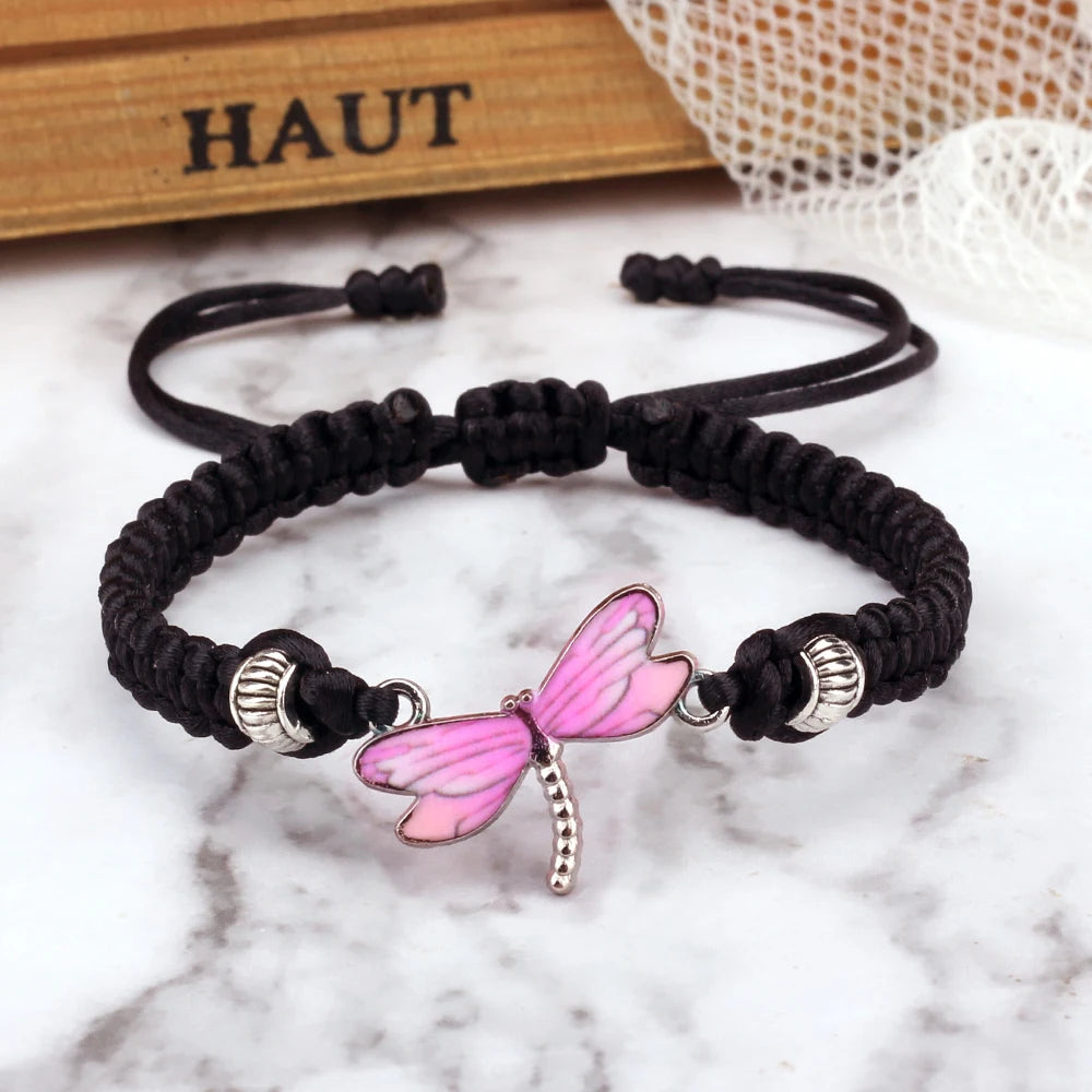 Handmade Weave Lucky Rope Bracelets For Women Pink Dragonfly Pendant Bracelets Men Adjustable Size Bangles Couples Wrist Jewelry