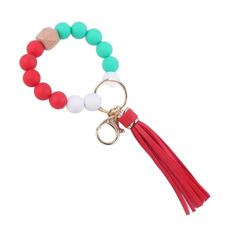 Hemasa Colorful Silicone Tassel Bracelet Keychain /Wood Beads Christmas Theme Party Favor Jewelry Accessory Versatile Gift
