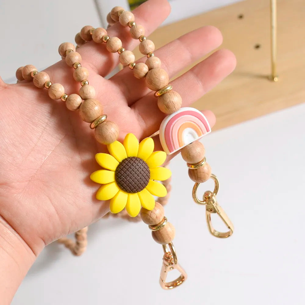Boho Wood Beaded Necklace Lanyard Card Holder Elastic Keyholder Unisex Beads ID Sunflower Beaded Lanyard Teacher Charm Gift