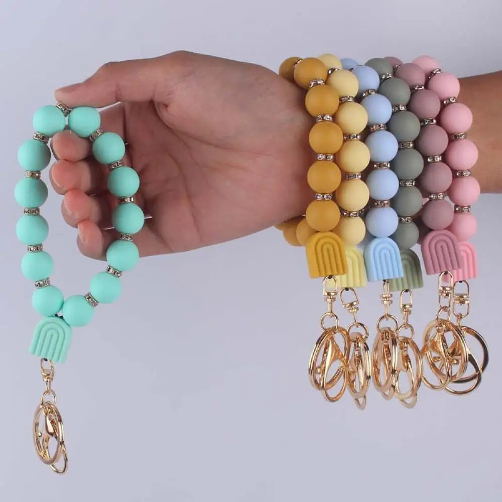 Fashion Food Grade Colorful Rainbow Silicone Bead Keychain For Women Lobster Clasp Bracelet Key Chain Schoolbag Car Key Jewelry