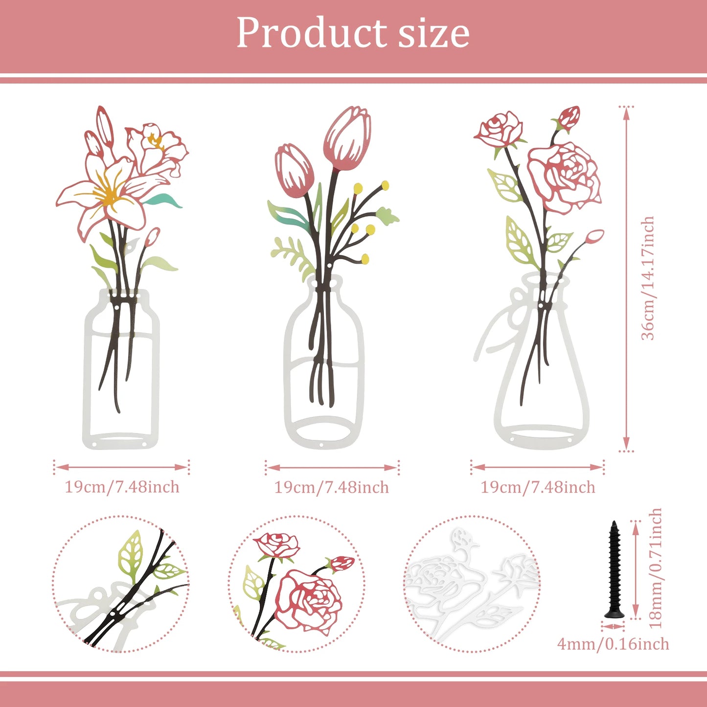 3Pcs Flower Silhouette Painting Wall Decal Decor Metal Flowers Wall Arts Minimalist Rustic Farmhouse Decor Bathroom Wall Decor