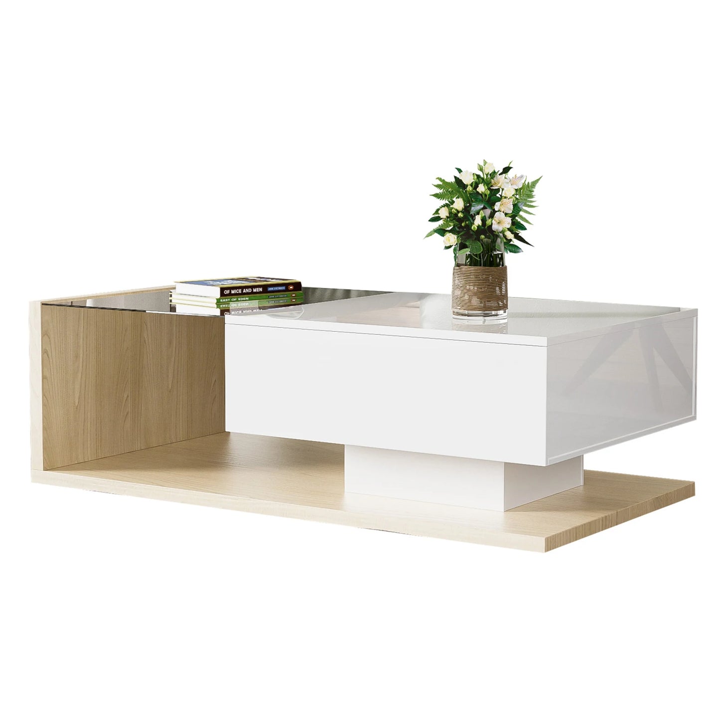 Coffee Tables With Glass And LED Living Room Coffee Table In High Gloss White And Wood Color Combination. Side Tables