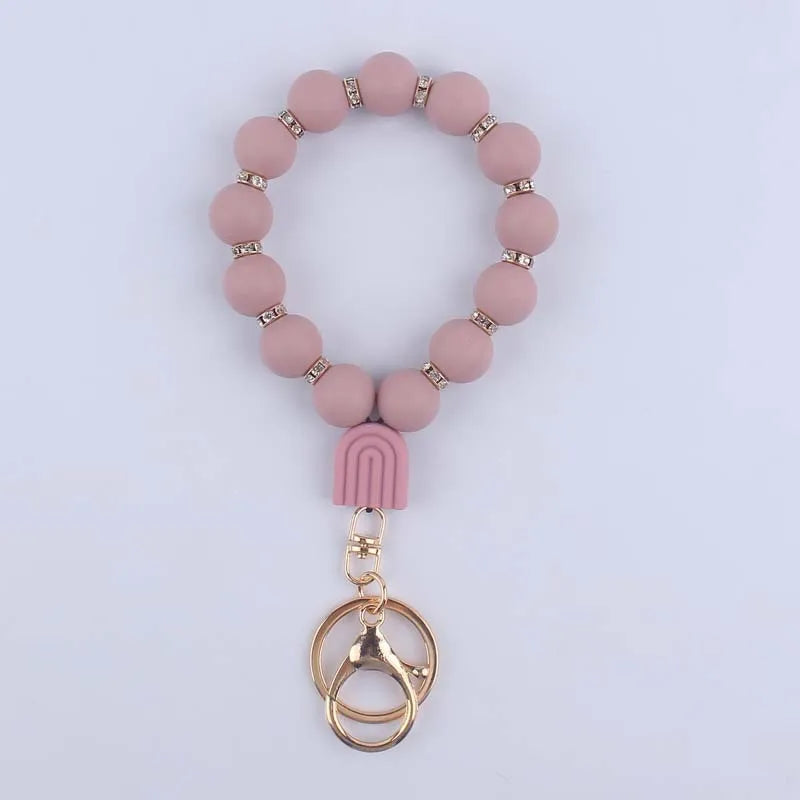 Food Grade Silicone Round Beaded Keychain Fashion Women Wristlet Bracelet Keyring For Anti-Loss Lobster Clasp Keychain Jewelry