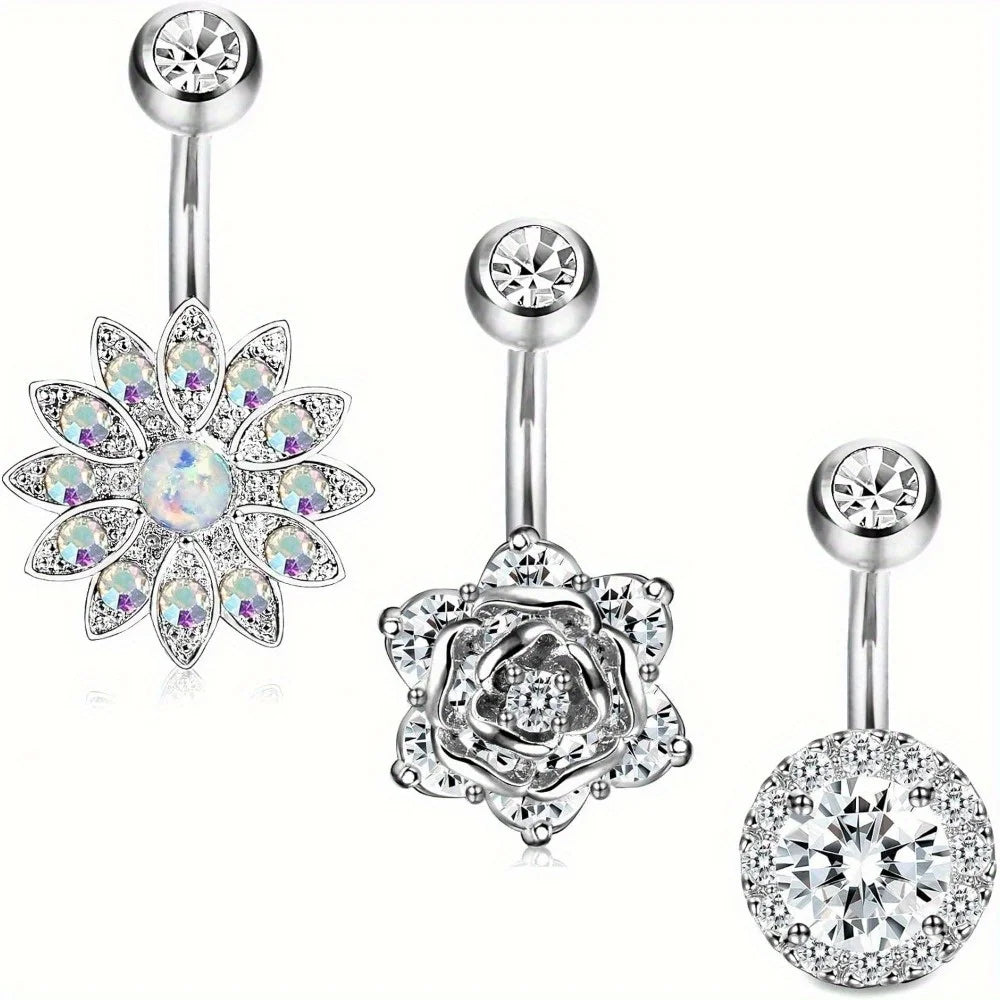 IRONBOX 1Pc 14G Stainless Steel Belly Button Rings Barbell Navel Ring Bar for Women and Men with CZ Flower Body Piercing Jewelry