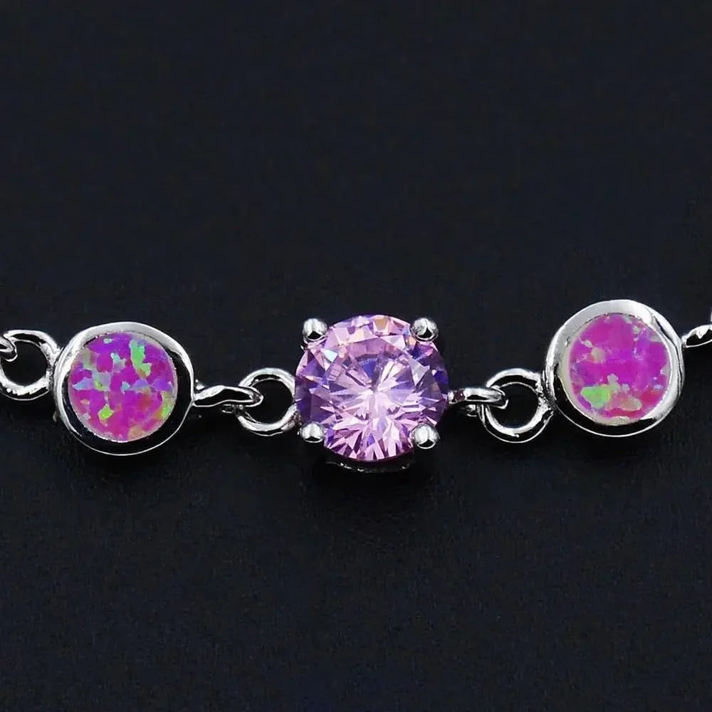 Women's Adjustable Heart Charm Bracelet Pink Opal Cubic Zirconia Silver Plated Chain Designer Jewelry Valentine Gift for Women
