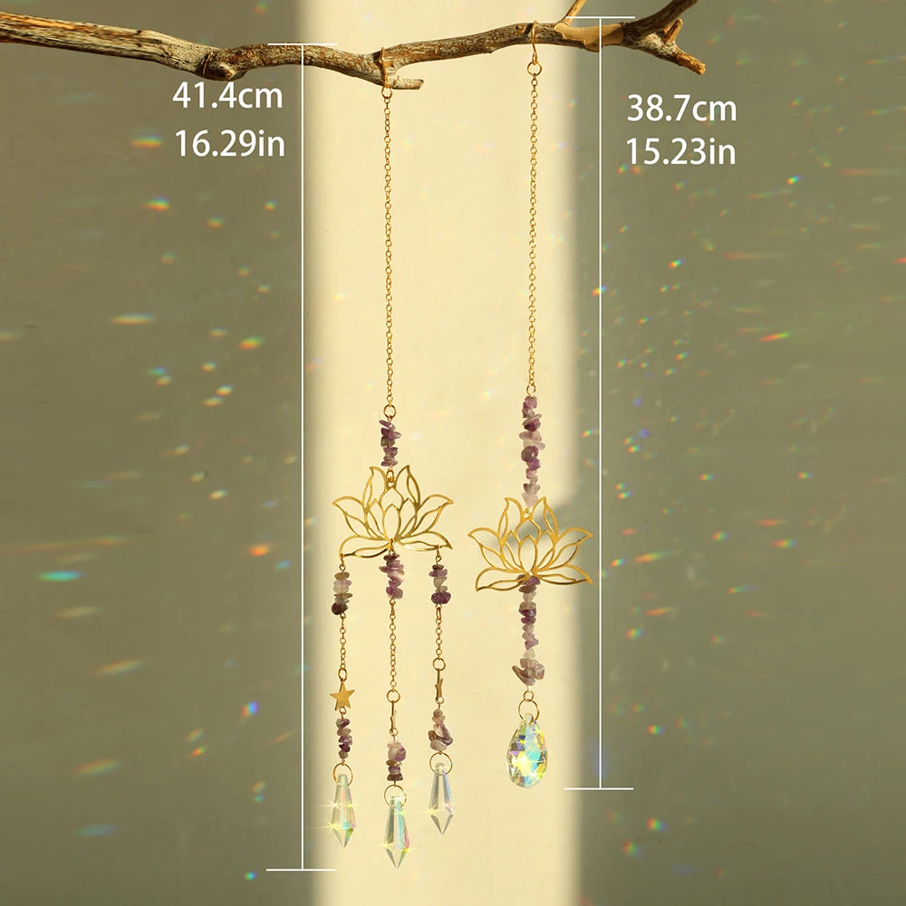 Hemasa 2Pcs Suncatcher Amethyst Lotus Decor Natural Stone Reiki Sun Catcher Window Crystal Prism