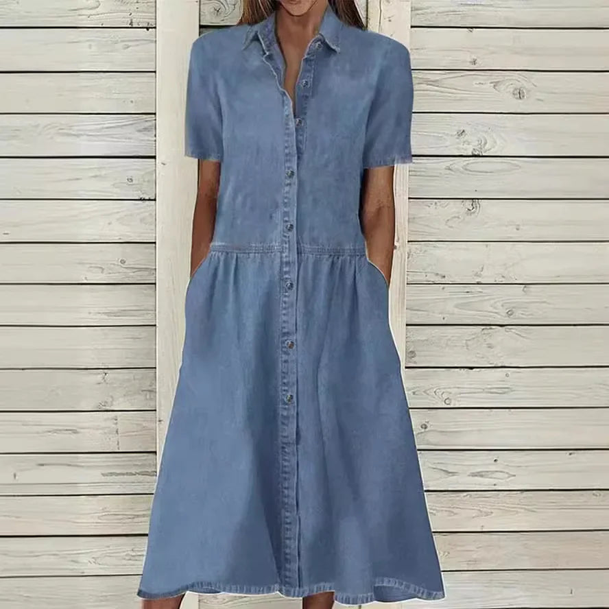 Hemasa Casual Jeans Shirt  Denim Dress for Women /Loose Short Sleeve Cardigan Ladies Womens Denim Shirt Long Dresses