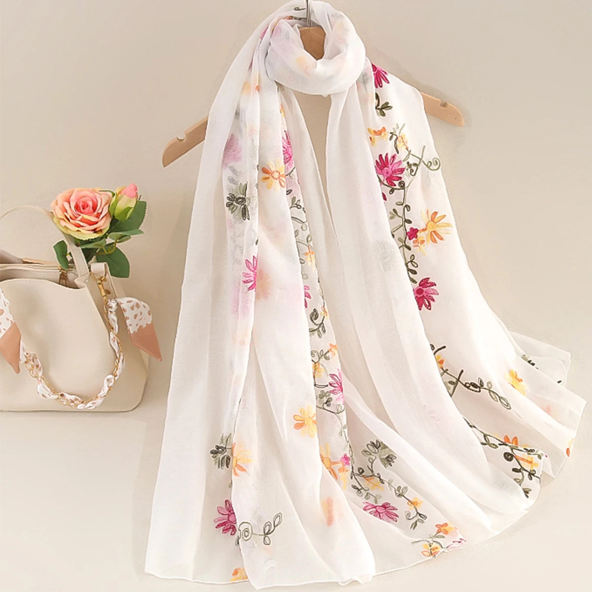 Spring Summer Cotton Linen Long Scarf for Women Literary National Style Dual-Purpose Embroidered Travel Sunscreen Shawl