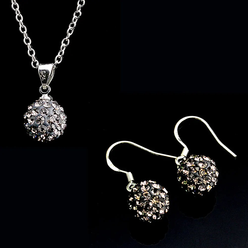 Brand Female Jewelry Set Women's Fashion Ab White Crystal 10mm Ball Drop Earrings Necklace Pendant Set Silver Color Wholesale