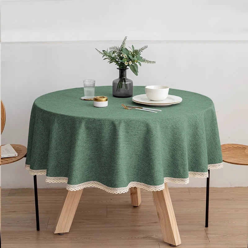 Tejesa Round Solid Color Faux Linen Tablecloth with Lace Trim-Waterproof/Spill Proof/Stain Resistant/Oil Proof-for Banquet,Parties