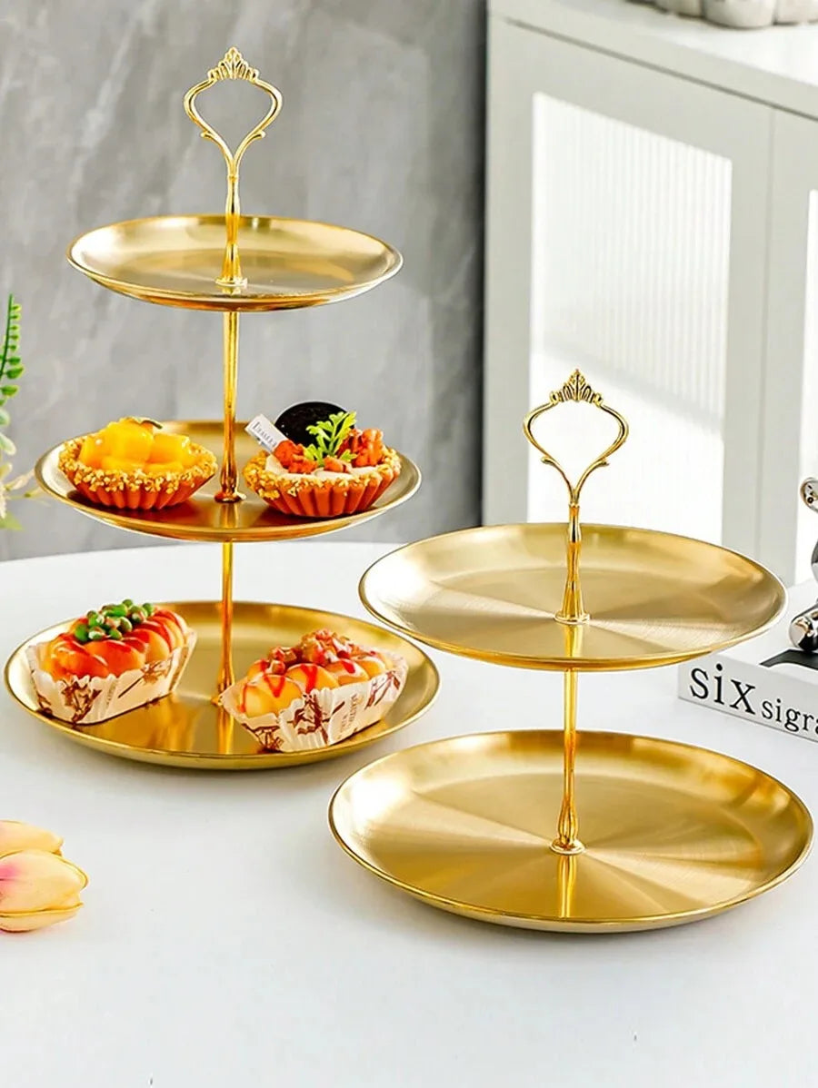 Tejesa 1/2pcs Stainless Steel Gold Dessert Tray, Multi-Tier Cake Stand, Cake Plate, Snack Platter, For Tea Party, Birthday, Wedding