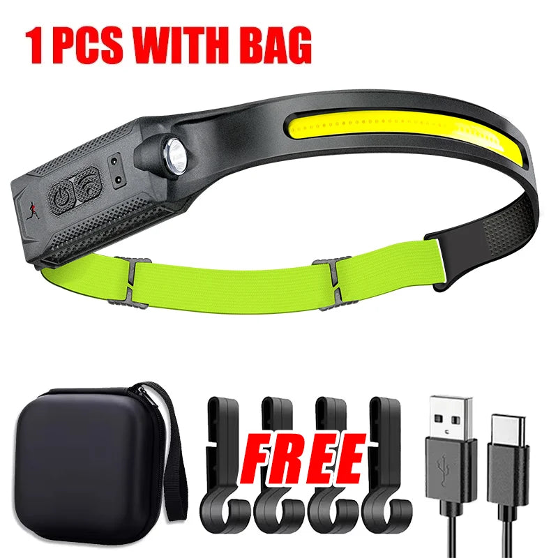 Hemasa LED COB Induction Headlamp USB Rechargeable Lamp with Built-in Battery Camping Fishing Running Headlight Working Lantern