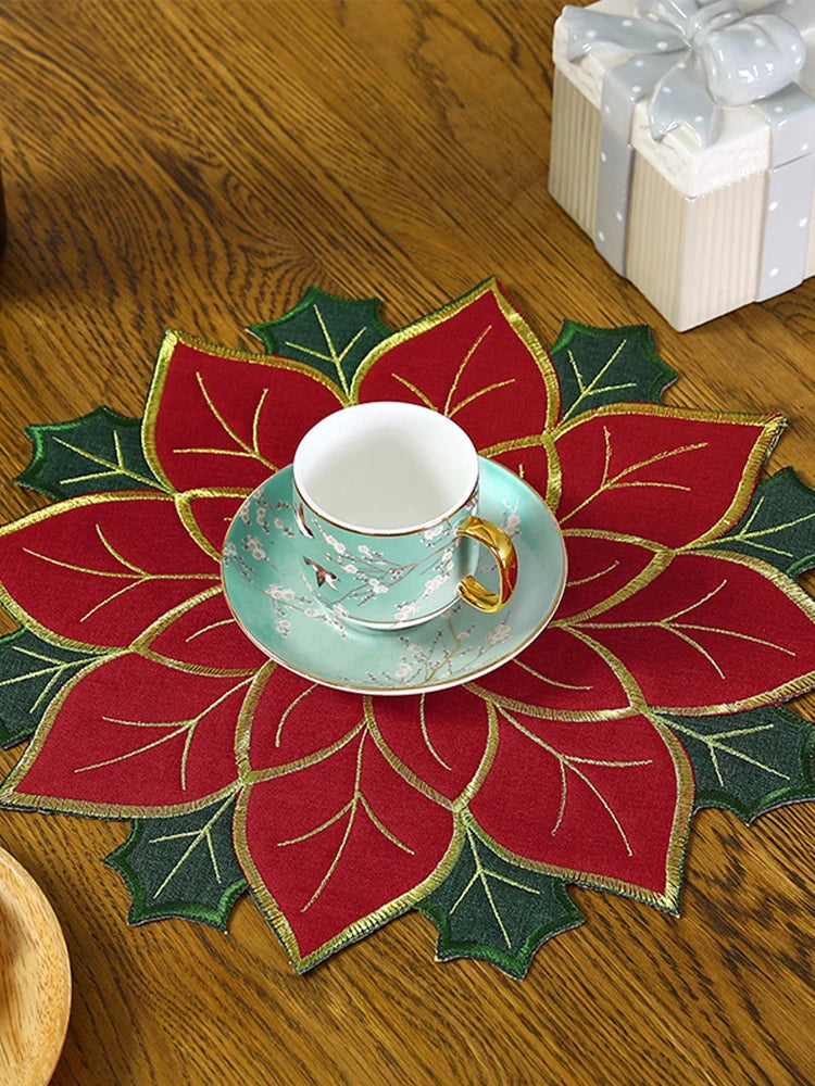 Poinsettia Table Runner Christmas Placemat Insulation Pad Holly Leaf Mat Versatile Gift Scald Proof Red Fruits Linen Plus Sponge