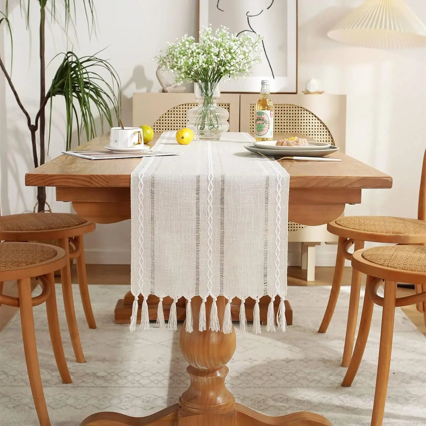 Tejesa Embroidery Tassel Table Runner,Cotton Linen Thicken Fabric ,Kitchen Dining Room coffee Table Restaurant Decor Supplies