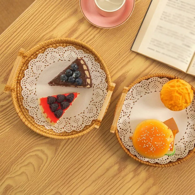 Hemasa 1PC Rattan Bread Storage Woven Snacks Fruit Round Tray Picnic Binaural Tray Living Room Table Finishing