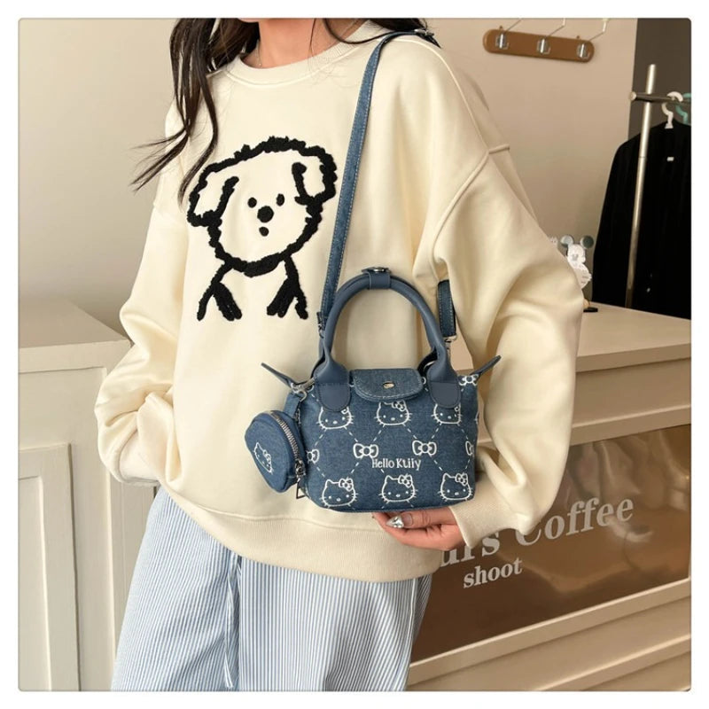 Cute Sanrio Hello Kitty Bag Denim Handbag Cartoon Printed Crossbody Bag Cosmetic Shoulder Bag Women Girls Makeup Organizer