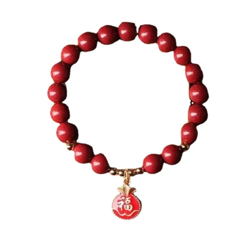Natural Red Cinnabar 6mm Bead Blessing Bag Bracelet Elastic Bangle Tassels Fashion Charm Jewelry Wholesale Amulet Gift for Women