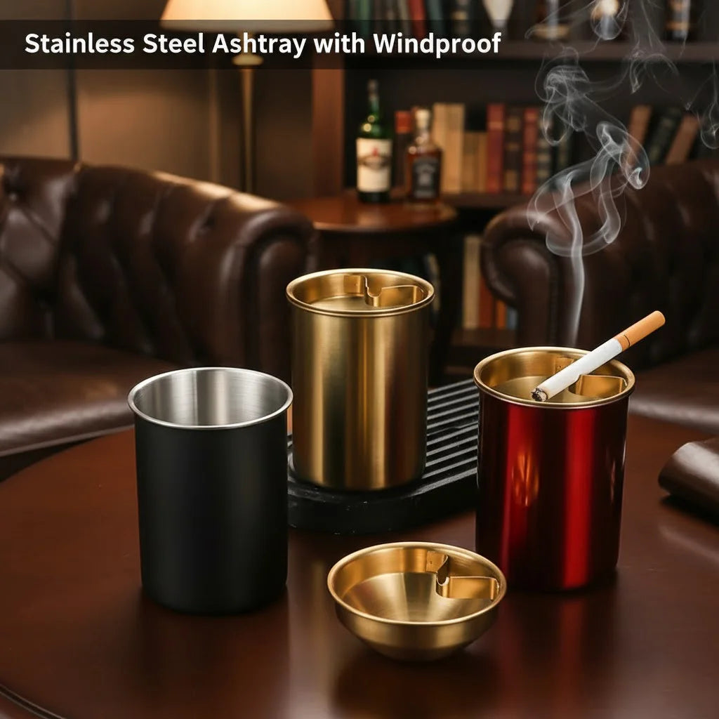 Premium Stainless Steel Ashtray with Lid. Windproof, Smokeless Design. Ideal for Cigars, Outdoor Patio & Indoor Home Use.
