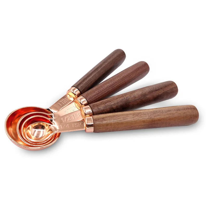 Heamasa Baking measuring cup  wooden handle rose gold measuring spoon 4-piece set 8-piece measuring spoon set
