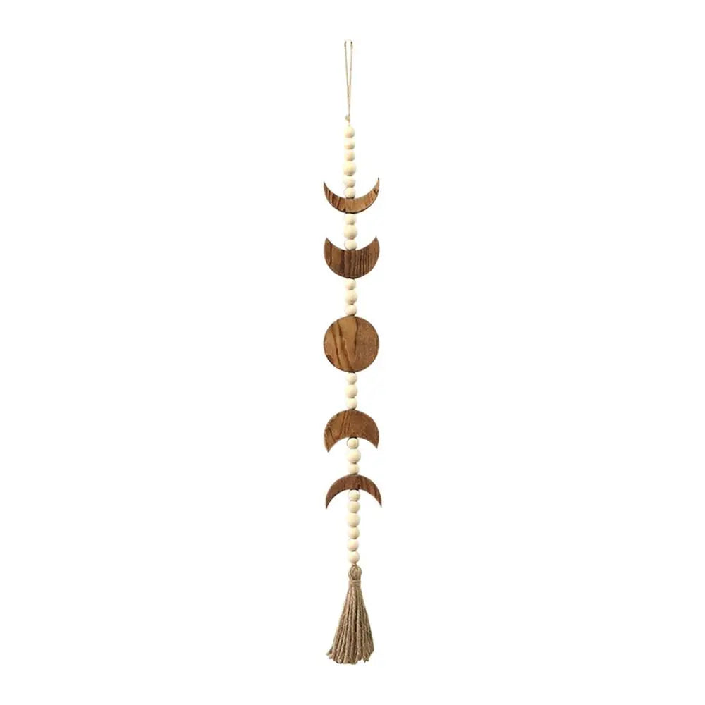 Wood Star Moon Phase Wall Hanging Garland Boho Beaded Wood Moon Phase Moon Garland with Tassel Home Wall Decor