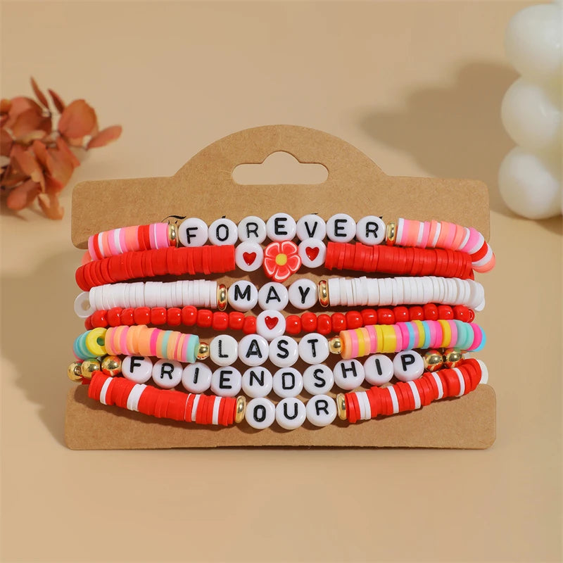 Cute Strawberry Beaded Bracelets Set for Women Boho Soft Ceramic Lettet Love Bracelet Charm Handwoven Stretch Rope Party Jewelry
