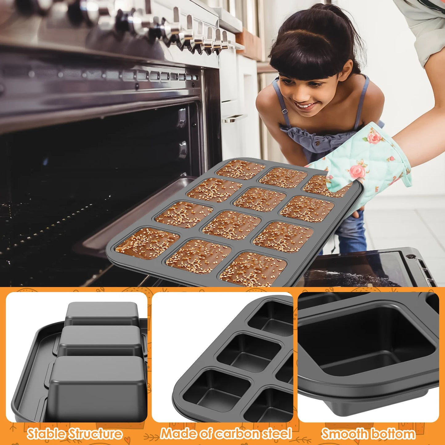 Tejesa 12 Cavity Square Muffin Tin Tray Non-Stick Mini Muffin Baking Pan Multipurpose Sturdy Square Muffin Tin Tray Bakeware Mold