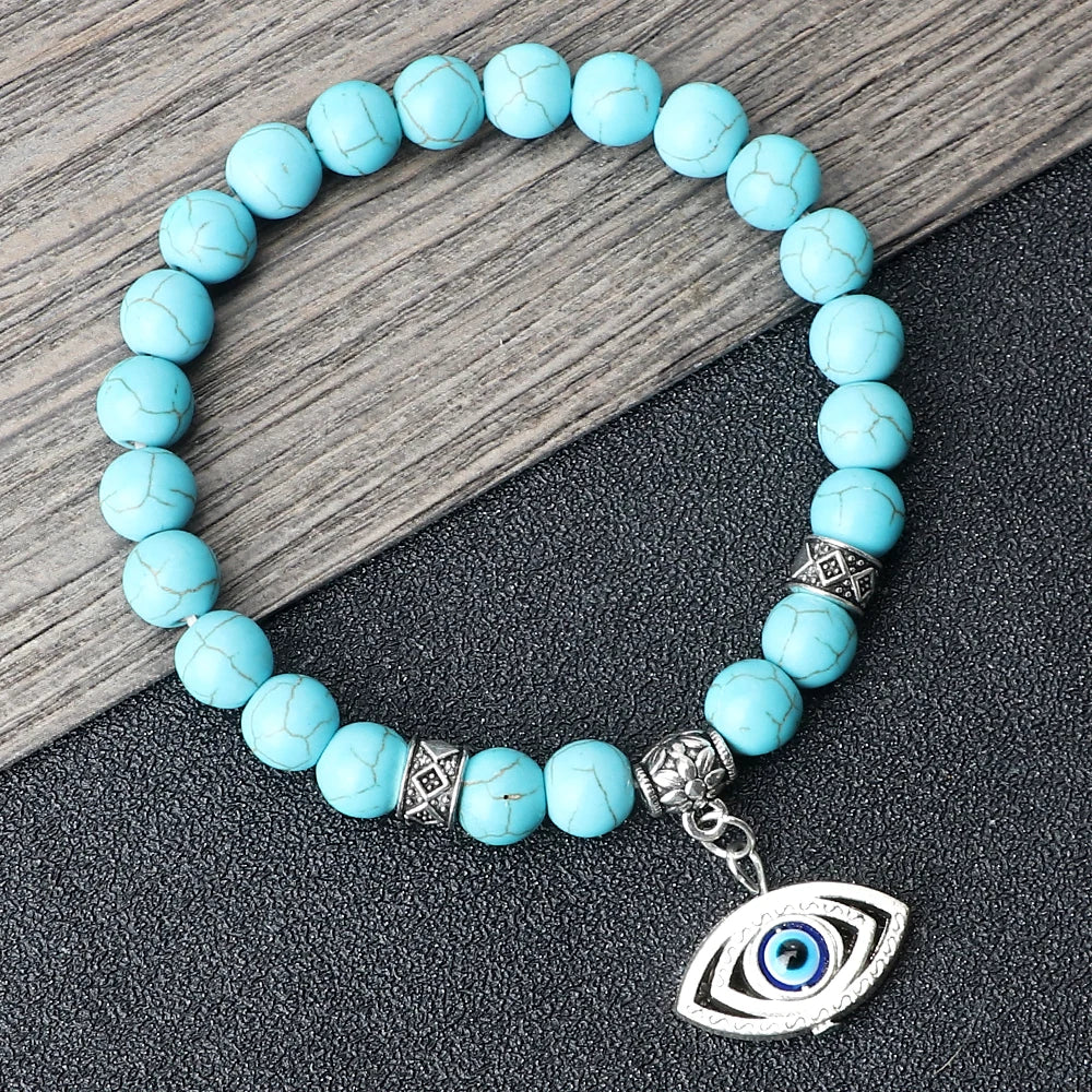 6 8mm Blue Natural Stone Bracelets Women Classic Owl Beaded Charm Yoga Bracelets Bangles Couple Wristband Jewelry Gifts Pulsrea