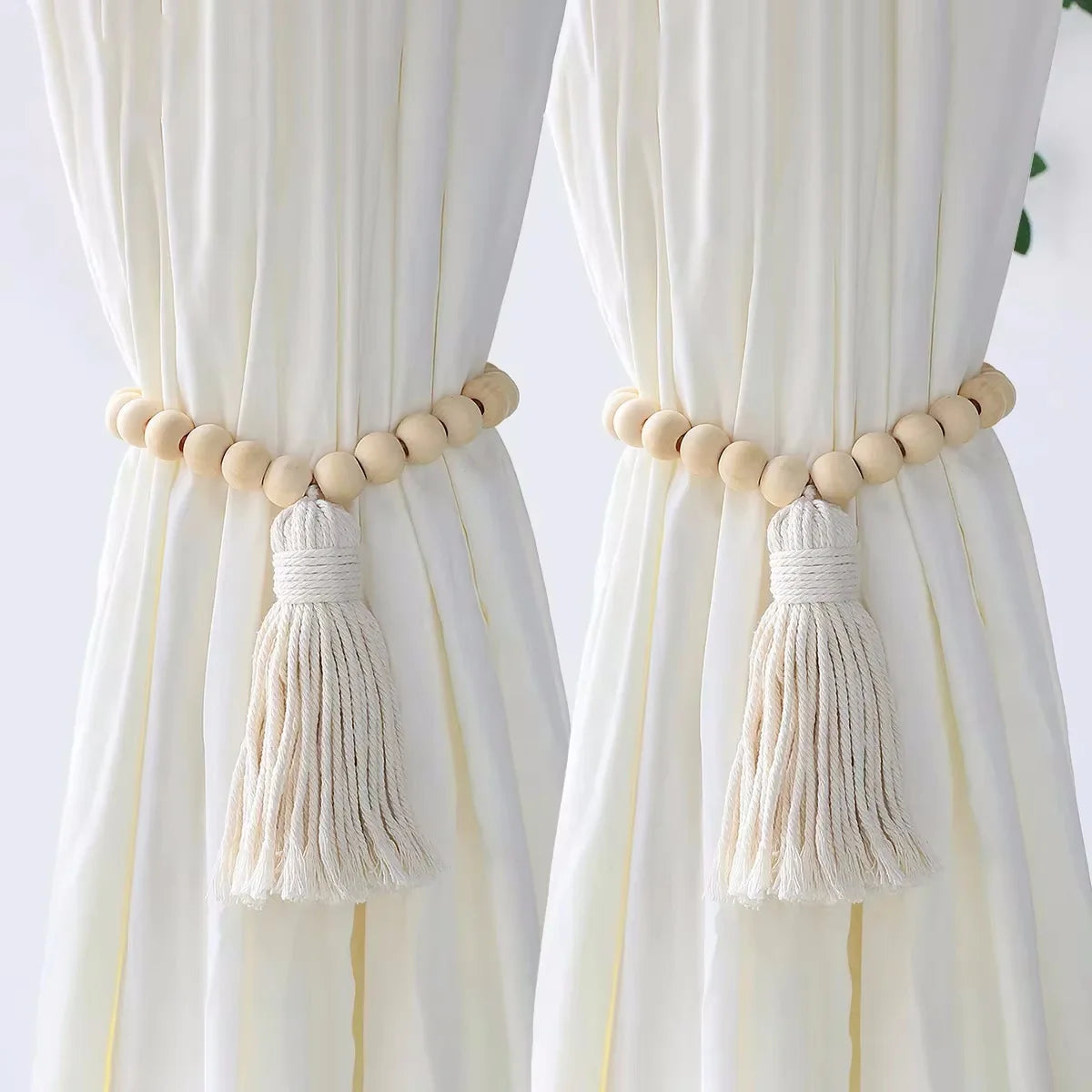 Handmade Macrame Curtain Holdbacks,Wooden Bead Curtain Tiebacks,Boho Home Decoration,Cotton Hanging Rope Curtains Accessories