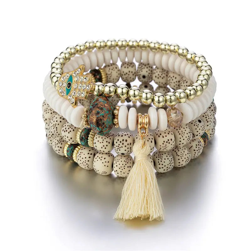 Hemasa  Evil Eye Tassel Bracelet Set For Women  / Stone Beads Chain Bangle Female Bohemian Jewelry Gift