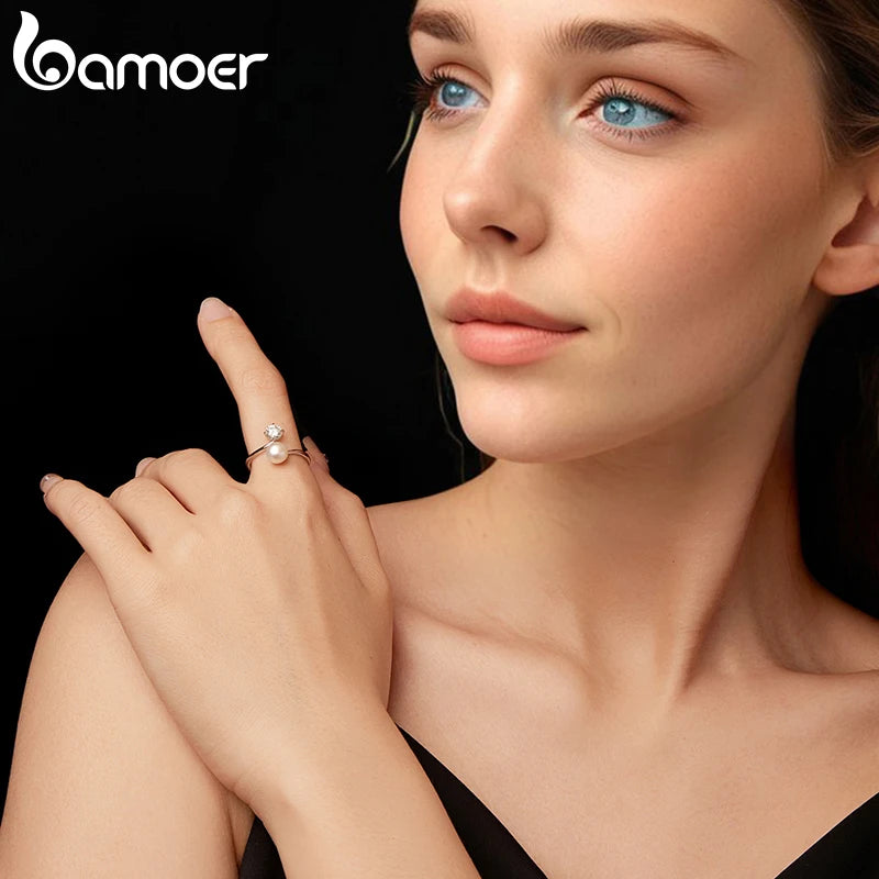 BAMOER 0.5CT Freshwater Pearl Moissanite Open Ring for Women, 925 Sterling Silver Elegant Anniversary Statement Natural Gift