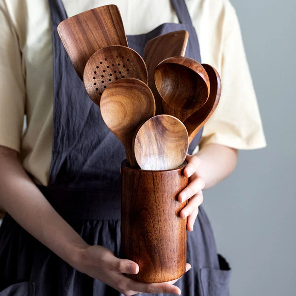 Hemasa Thailand Teak Natural Wood Tableware Spoon Ladle Turner Long Rice Colander Soup Skimmer Cooking Spoons Scoop Kitchen Tool Set