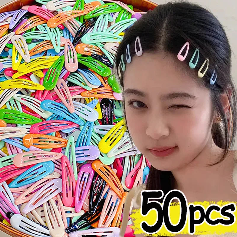 Hemasa 10/50pcs Sweet Waterdrop Snap Hair Clips Women Girls Cute Candy Color Metal BB Hairpins Barrettes Bobby Headwear Slid Pins