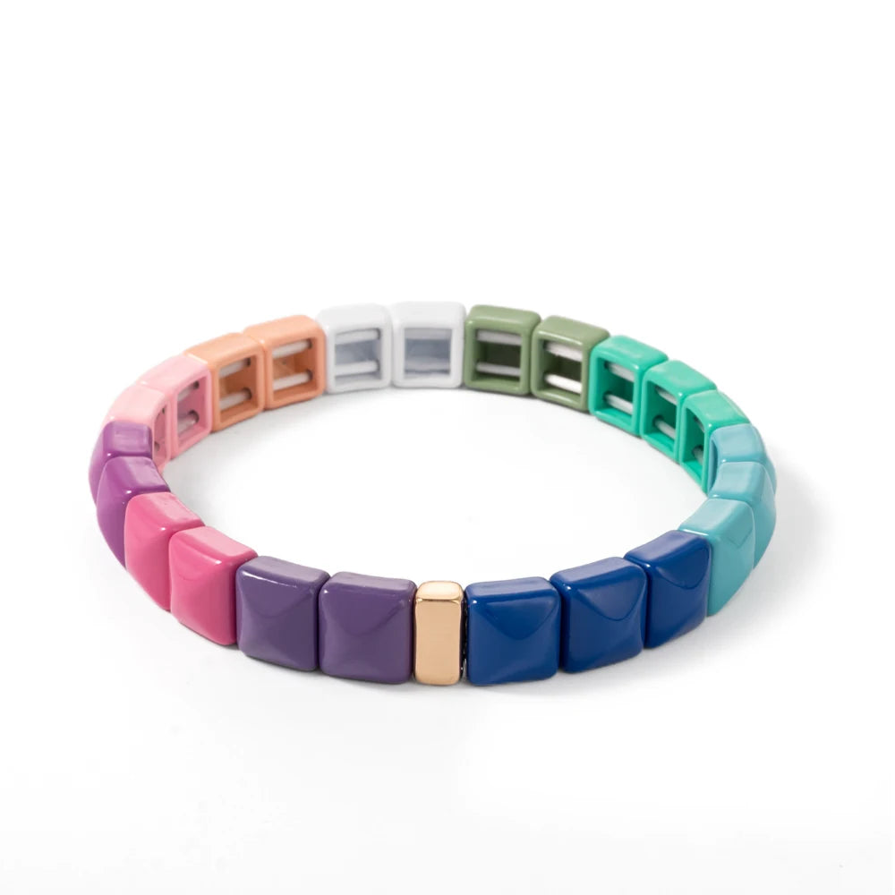 Tejesa Colorful Enamel Square Shape Rhombus Faced Bohemain Geometric Elastic Bracelets For Women