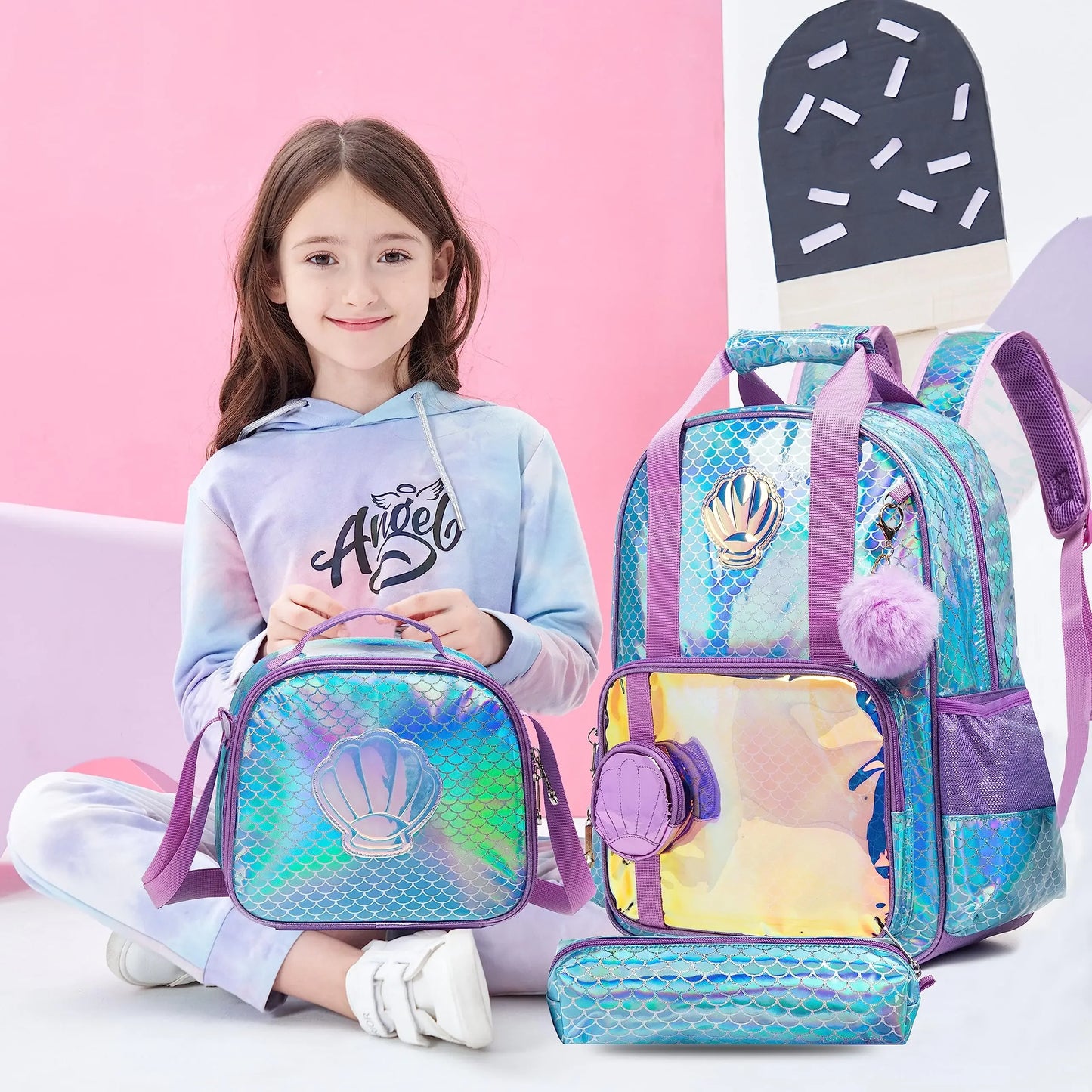 BIKAB  Bookbag for Girls Backpack for Girls rainbow and star School Bag with Lunch Box Set for Kindergarten Glitter Sequin
