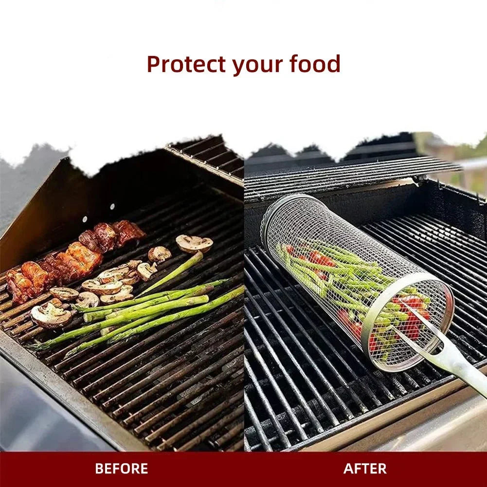 Tejesa BBQ Basket Stainless Steel Rolling Grilling Basket Wire Mesh Cylinder Cylindrical Portable Round Outdoor Camping Barbecue Rack