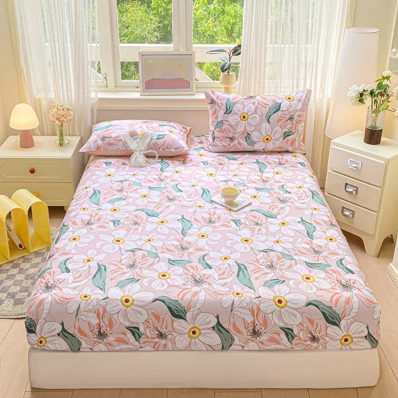 Pure Cotton Fitted Sheet Single Double Queen Size Printed Mattress Cover With Elastic Band Bedsheet Soft Comfortable Fitsheet