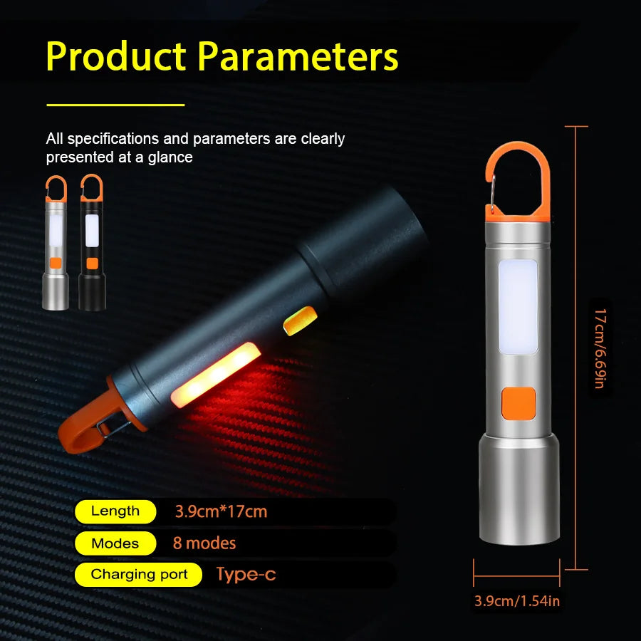 Hemasa LED COB Super Bright Flashlight USB Rechargeable Torch 1-3 Optional Light Sources Outdoor Waterproof Emergency Light with Hook