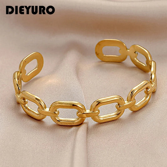 DIEYURO 316L Stainless Steel Women Bangles Fashion Square Link Hollow Out Bangle Vintage Gold Color High Quality Jewelry Gift