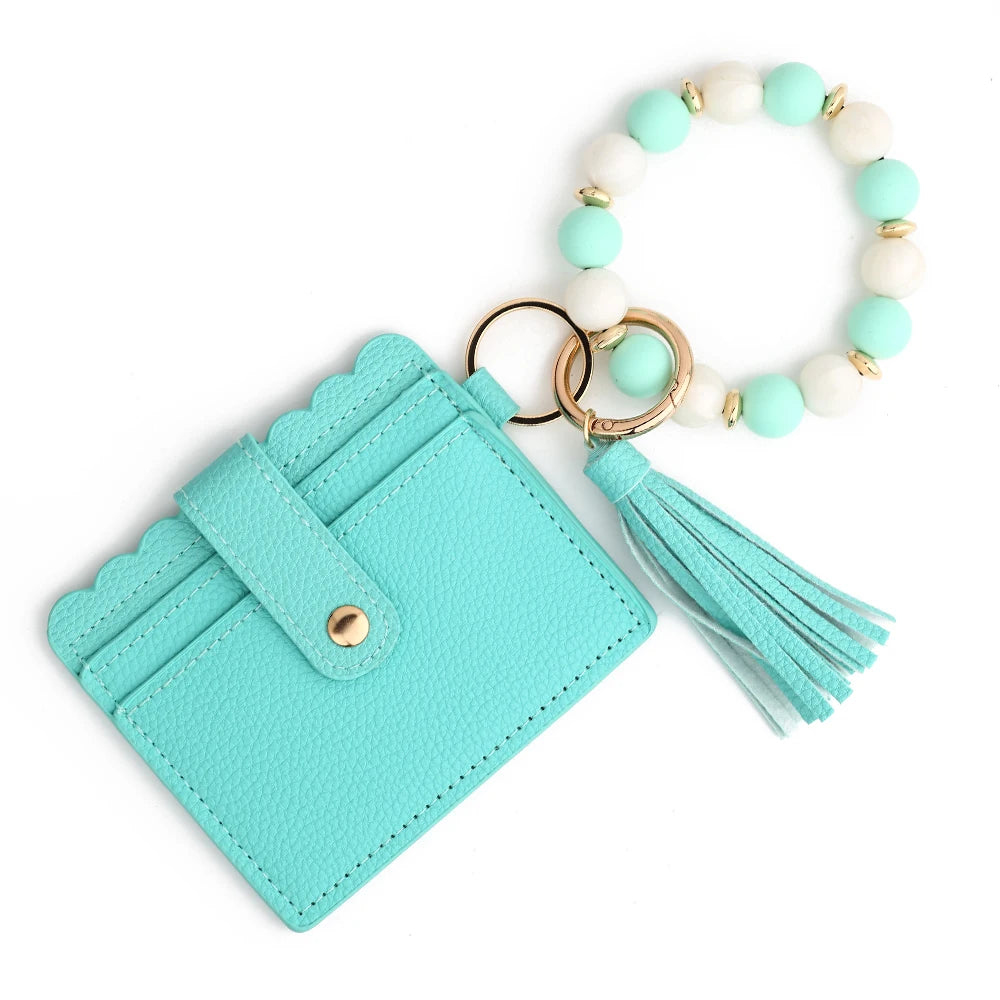 Hemasa Silicone Bead Bracelet  Leather Card Bag Wristlet Keychain Silicone Beaded Bracelet Leather Tassel Wallet Bangle