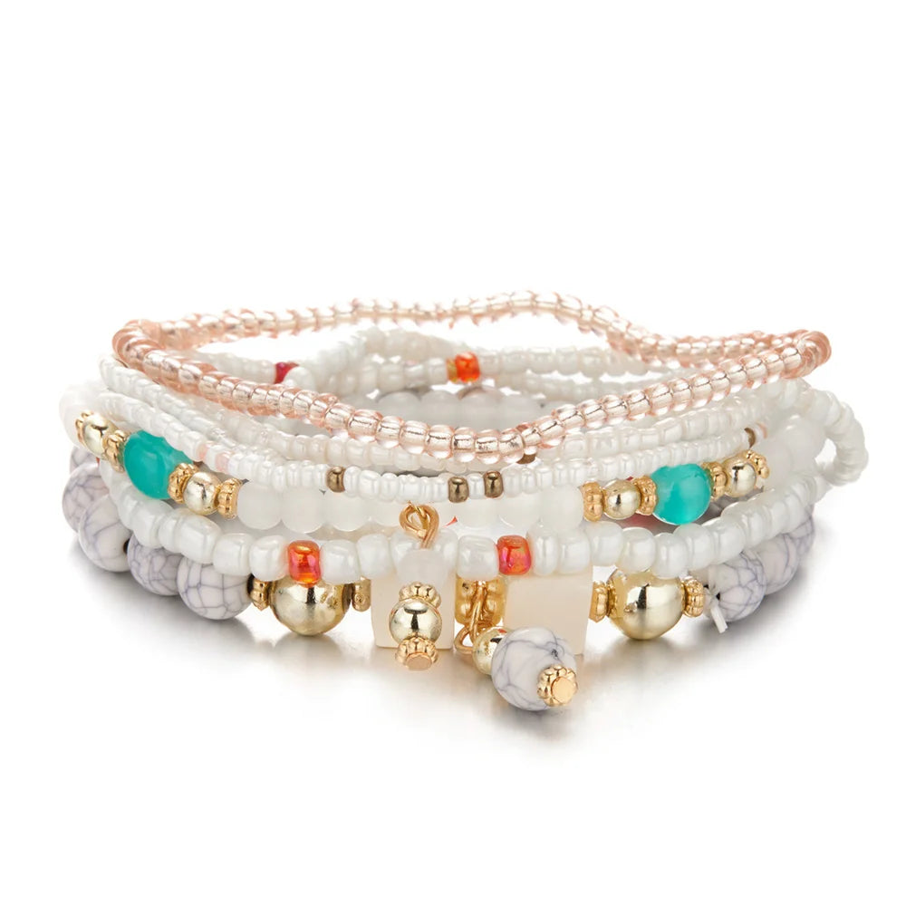 Bohemian Dopamine Colorful Beads Bracelet Set For Women Lady Handmade Elastic Multilayer Bangle Jewelry New Accessories