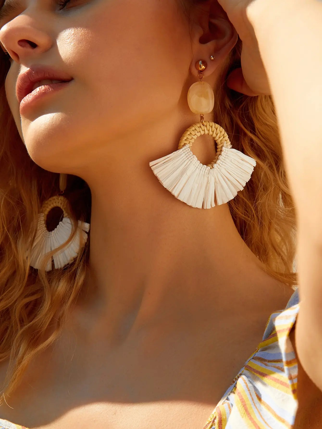 Handmade Rattan Shell  Raffia Drop Earrings for Women Bohemian Ethnic Geometric Round Waterdrop Wood Dangle Earrings Jewelry