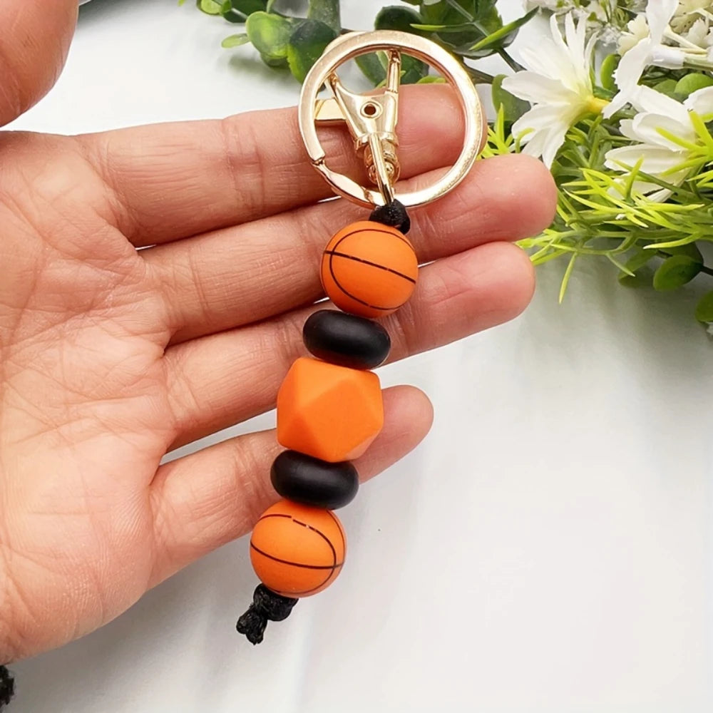LOFCA Basketball Football Silicone Beaded Keychain Handmade Wood Beads Keychain Charm Backpack  Pendant  Accessories Keyring